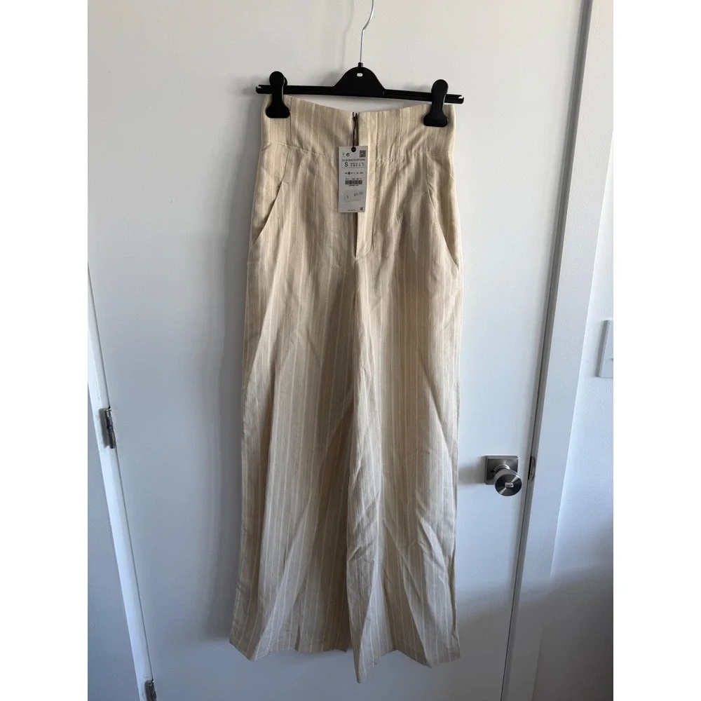 Zara High Waisted Linen Blend Striped Wide Leg Pants Beige Size S NWT